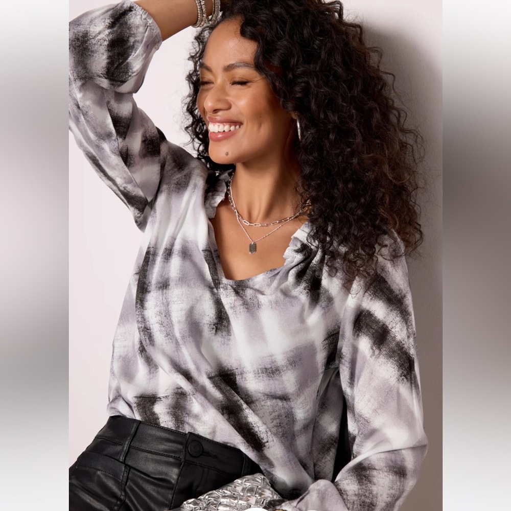 Women's Frost Gray Plaid Ruffle Neck Blouse
